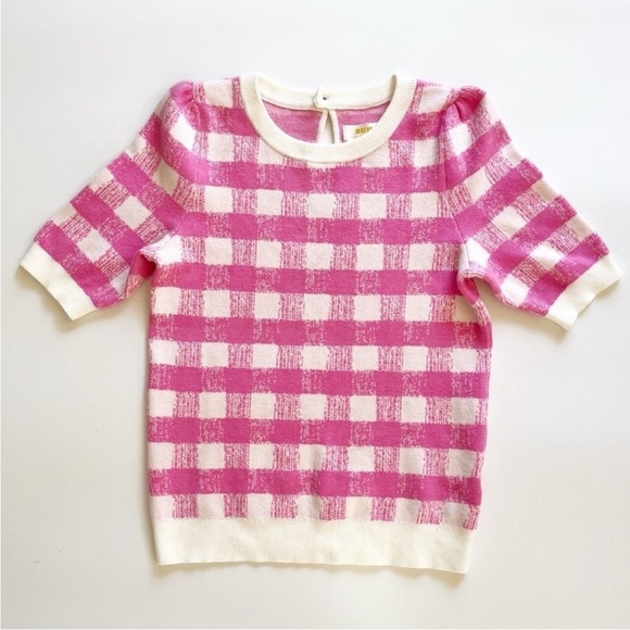 Anthropologie Maeve Jacquard Sweater 3/4 Length Sleeve Tee Checkered Crewneck - Picture 2 of 8